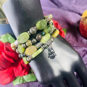Evil Eye Charm, Tourmaline, Dragon's Blood Jasper, Pyrite & Pewter Bracelet Set